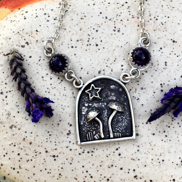 Silver and Amethyst Mushroom Necklace