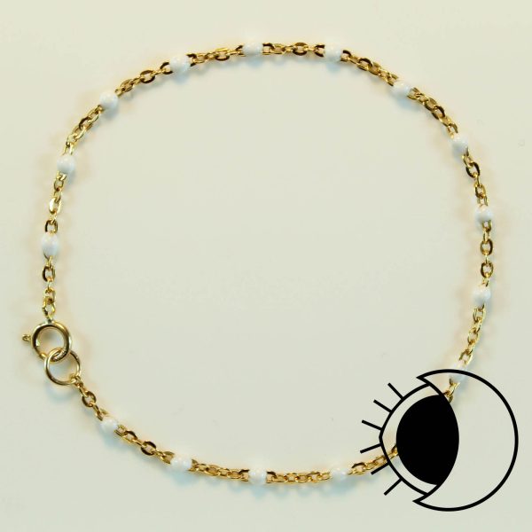 14K gold filled flat cable satellite chain bracelet with white enamel bead.