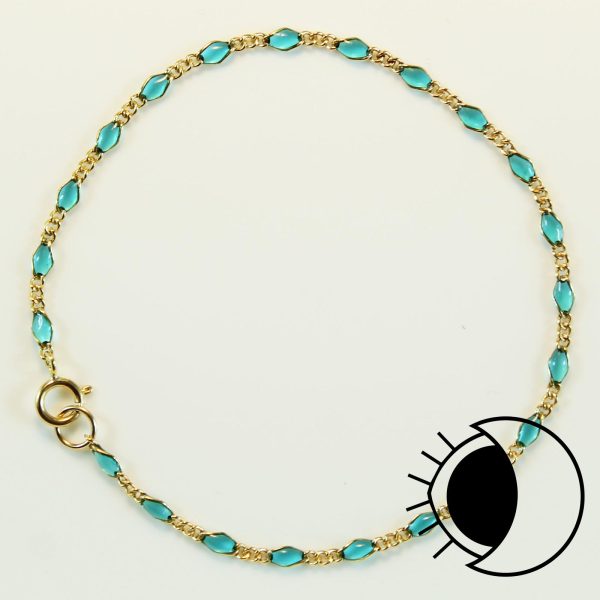 14K gold filled 3+1 Figaro chain bracelet with transparent aquamarine enamel beads.