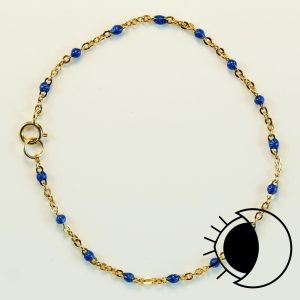 14K gold filled flat cable satellite chain bracelet with sapphire blue enamel beads.