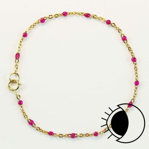 14K gold filled flat cable satellite chain bracelet with purple enamel beads.